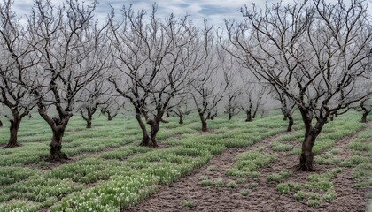 An orchard with trees in various stages some bare others with frost and some budding showing, AI Generated