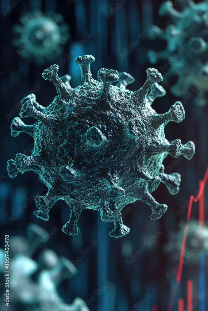 Poster a highly detailed visualization of a virus with spikes, floating among digital data and graphs, illu