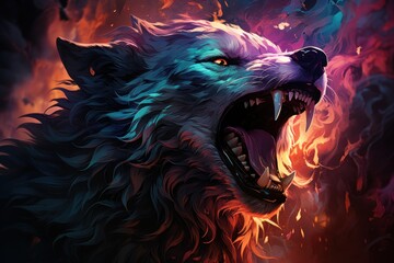 A fierce wolf with glowing eyes and fiery background, symbolizing power and intensity.