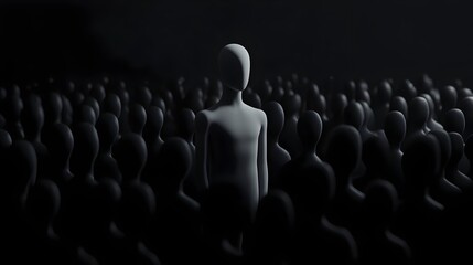 Fototapeta premium Cinematic 3D Render of a Solitary Pale Humanoid Form Standing at the Forefront of a Cohesive Black Formation Conveying the Strength and Influence of Standing Apart from the Collective