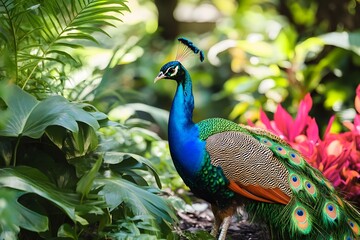Obraz premium A Vibrant Peacock Amidst Lush Tropical Foliage