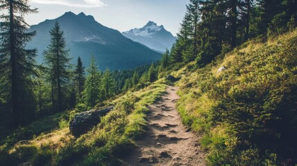Obraz premium A mountain trail leading through a dense forest under a clear sky