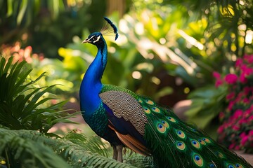 Obraz premium A Vibrant Peacock Stands in Lush Greenery