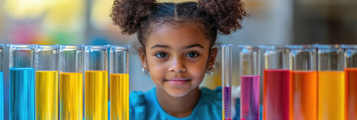 A curious girl explores different colorful liquids in test tubes, engaging in a fun science activity with vibrant surroundings