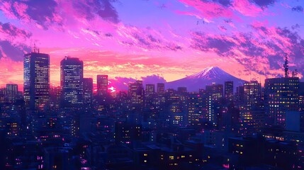 Tokyo skyline at dusk with illuminated buildings and Mount Fuji in the background under a colorful sunset sky, capturing iconic Japan.