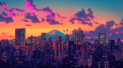 Tokyo skyline at dusk with illuminated buildings and Mount Fuji in the background under a colorful sunset sky, capturing iconic Japan.