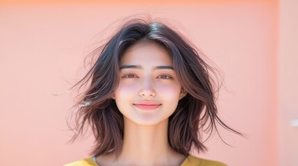 Capturing the essence of joy a radiant portrait of a young woman against a soft peach background