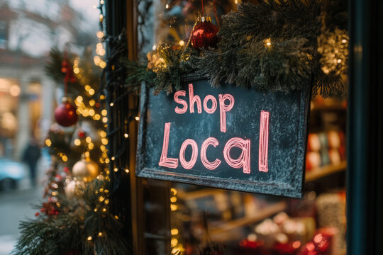 Shop local sign in the window of a Christmas shop. Support small business