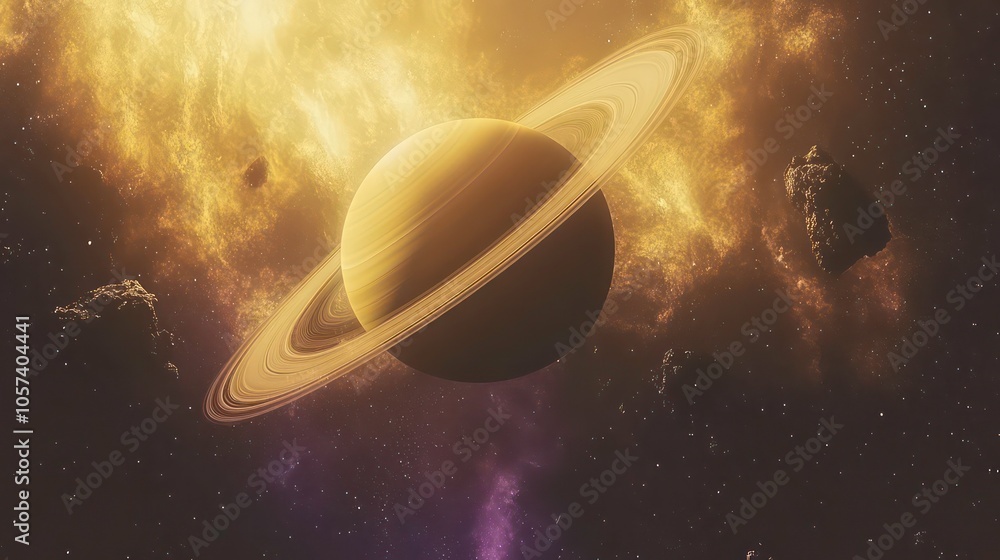 Aufkleber a stunning depiction of saturn surrounded by cosmic elements and asteroids in space.