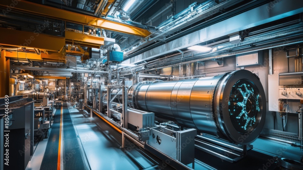 Poster a sleek, modern physics lab studying particle collisions with
