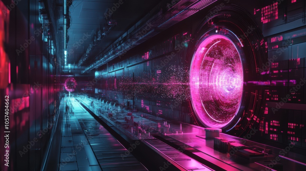 Poster a sleek, modern physics lab studying particle collisions with