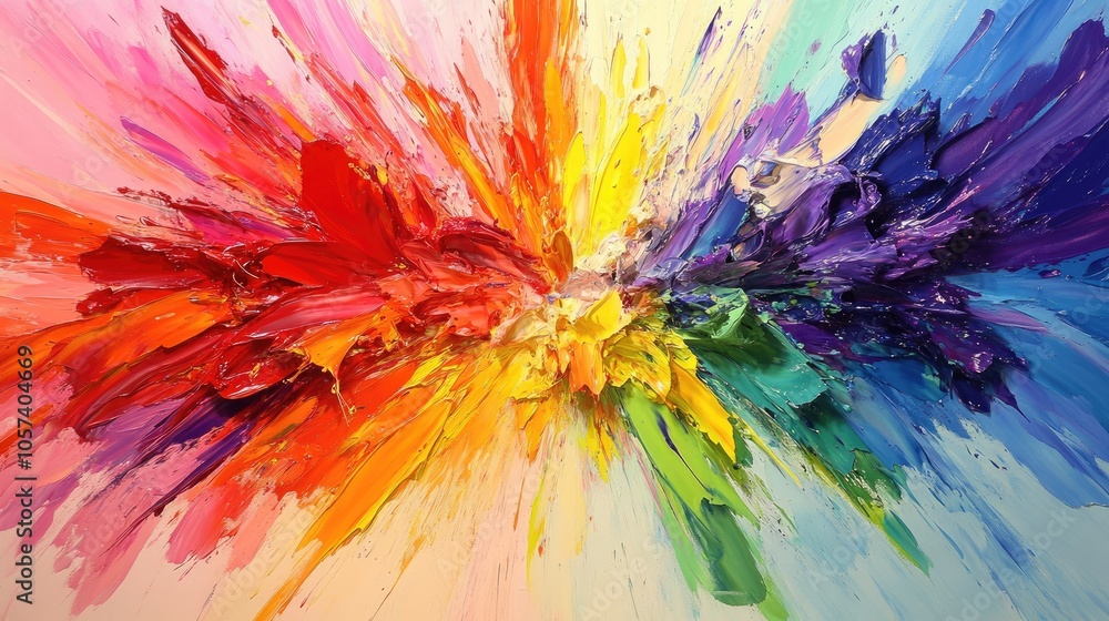Poster vibrant rainbow-colored ink splatter bursting across the canvas, with 3d effects capturing fluid mot