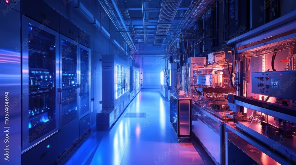 Poster a sleek, modern physics lab studying particle collisions with