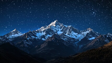 A snow-capped mountain range under a clear, starry sky