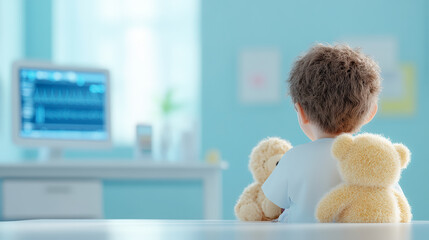 A child with teddy bears looks at a heart monitor in a hospital room, creating a poignant yet hopeful scene of comfort and healing.