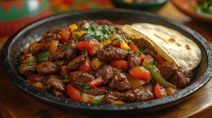 A sizzling platter of beef fajitas with colorful peppers and a tortilla.
