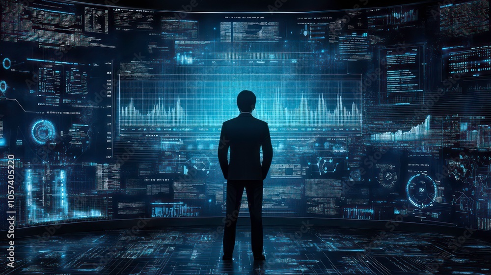 Poster A figure stands before a digital display of data and analytics, suggesting technology and analysis.