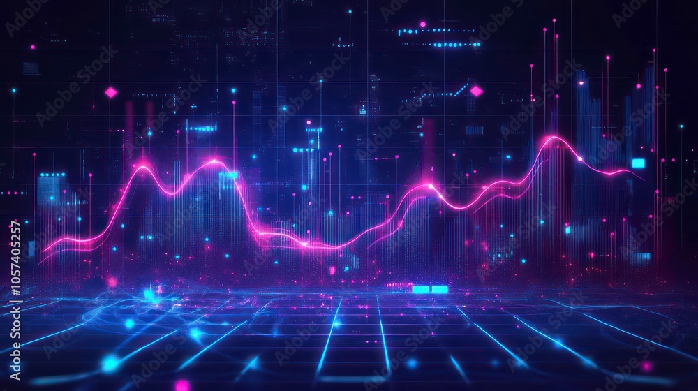 Poster Abstract digital visualization of data trends and metrics in a futuristic design.
