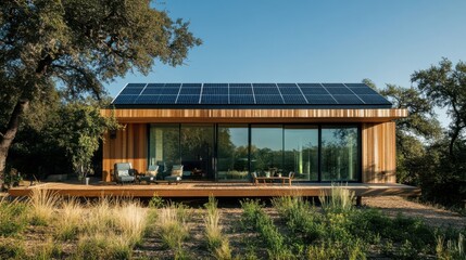 A solar-powered eco-friendly home surrounded by nature