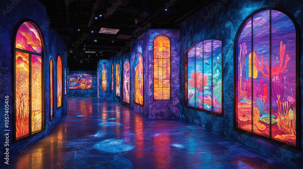 Poster a vibrant gallery filled with illuminated coral reef scenes projected on walls, creating an enchanti
