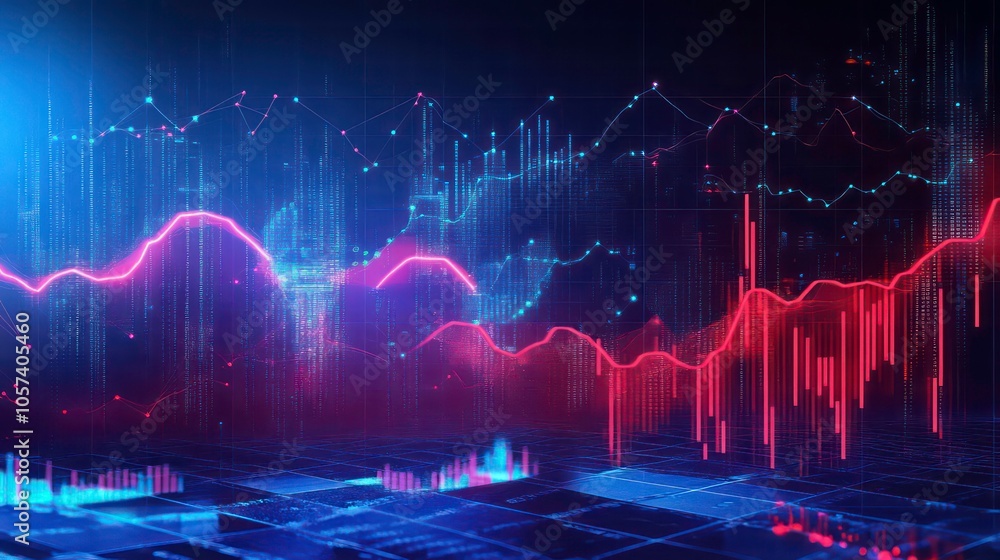Poster Abstract data visualization with colorful graphs and digital patterns.
