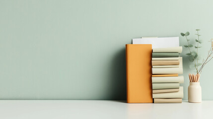 Fototapeta premium Minimalist workspace with stacked books, eucalyptus branches in a vase, and a notebook on a white desk against a pale green wall.