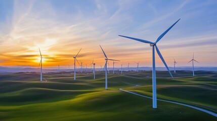 A wind farm stretching across a rolling landscape at sunset