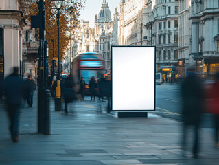 Busy city street with a blank billboard and blurred pedestrians on a cloudy day.