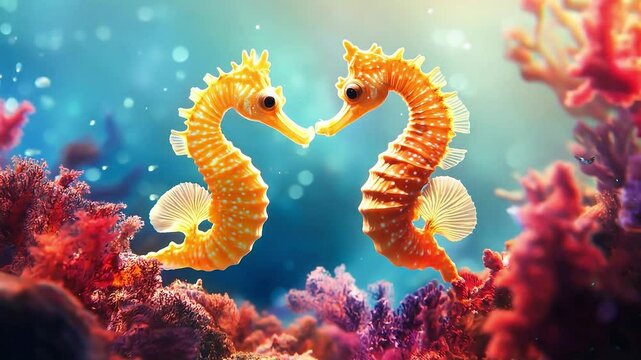 Marine wildlife. Seahorses at coral reef, Lovely scenery of two seahorses. Two seahorses at the ocean	

