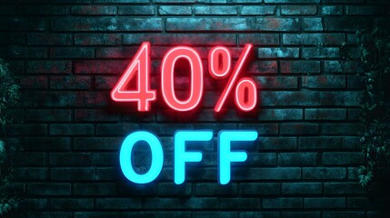 Obraz premium Multicolor Neon '40% OFF' Sign on a Brick Wall