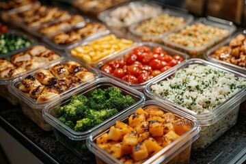A variety of prepared meals in containers, showcasing healthy food options for meal prep.