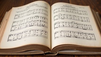 Open vintage carol sheet music on wooden table