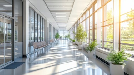 Bright, spacious hospital corridor with contemporary design
