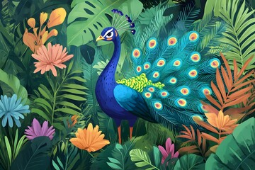 Fototapeta premium A Vibrant Peacock Amidst Lush Tropical Foliage