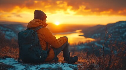 Obraz premium A lone hiker sits on a mountaintop, watching the sunset over a lake. The sky is ablaze with orange and yellow hues, casting a warm glow on the landscape.