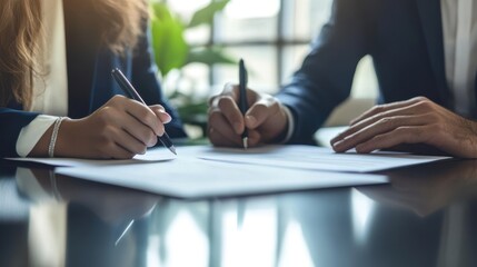 Business partners signing a contract in a modern office