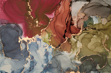 Snaking rivers of metallic gold weave through  vibrant interplay of soft and bold tones. Movement and balance in nature, crafted in the fluid ink technique to create seamless transitions  rich texture