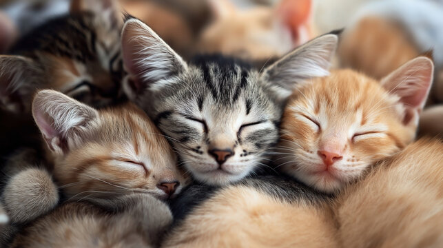 Close-up of several sleeping kittens snuggled together, featuring different fur patterns including tabby and orange, with eyes closed and relaxed expressions, creating a cozy and peaceful scene.
