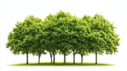 Cluster of vibrant deciduous trees in full foliage, creating a lush green forest feel, isolated on white background