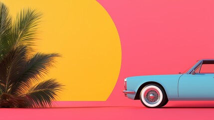 A vintage blue car parked beside a palm tree against a vibrant pink and yellow sunset backdrop