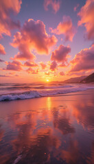 Obraz premium Dramatic Sunset over Ocean with Colorful Clouds Reflecting on Water