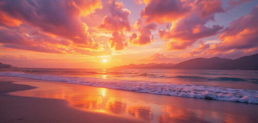 Naklejka premium Vibrant Ocean Sunset with Dramatic Sky and Reflective Water