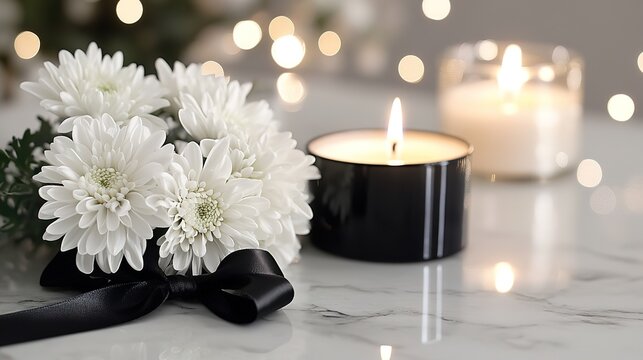 Black ribbons, white candles and roses are used to honor the dead，generated with AI.