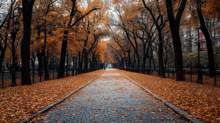 Serene autumn park pathway with fallen leaves and lined trees creating a symmetrical frame, featuring dim street lamps and buildings in the background