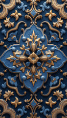 Royal Blue and Gold Ornamental Pattern with Intricate Floral Design