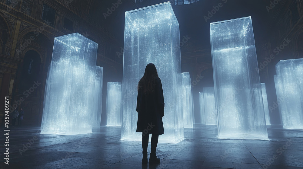 Poster a person gazes in awe at illuminated translucent sculptures arranged in a spacious and atmospheric i