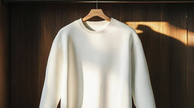 A Blank white sweatshirt mock up hanging on an empty hanger in the modern wooden closet	
