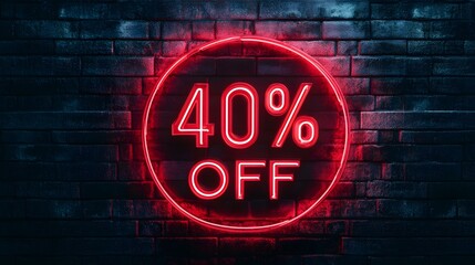 Fototapeta premium Red Neon '40% OFF' Sign on a Brick Wall