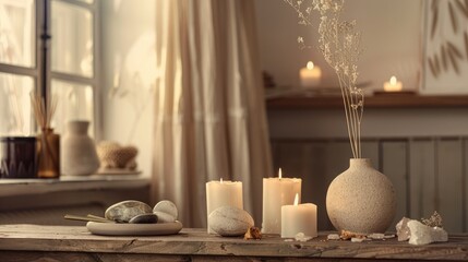 Fototapeta premium Elegant living room decor with candles, vases, minerals, and personal items on wooden table. Blank space provided. Model.