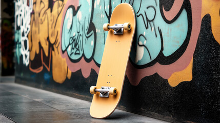 Yellow skateboard leaning against a colorful graffiti-covered wall in an urban environment with concrete pavement.